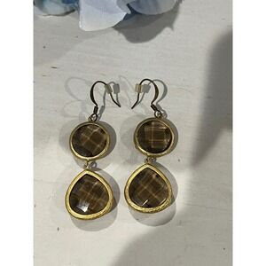 Dangle Drop Earrings Brown Faceted Stone‎ Gold Tone Boho Chic Jewelry
